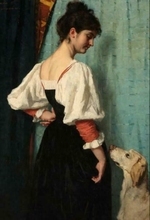 Portret van een jonge vrouw met de hond Puck  100 x 70 x 2,5